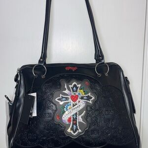 NWT Ed Hardy Black Embossed And Bedazzled Tote Bag